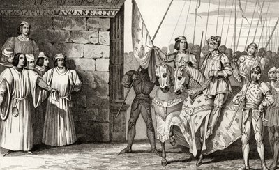 Joana d&39;Arc (1412-31) chega a Reims em 1429 para assistir à coroação de Carlos VII (1403-61) de &39;Histoire de France&39; de Colart, publicada em 1840. de French School