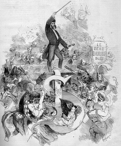 Johann Strauss o jovem (1825-1899), no violino, durante um baile de máscaras dado na Ópera de Paris de French School