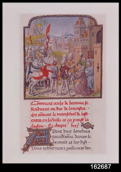 John de Gaunt sendo recebido pelos cidadãos de Bayonne nos portões da cidade, desde Froissarts Chronicle, no final do século XV de French School