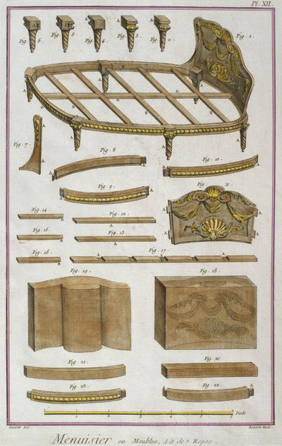 Marceneiro, um sofá, ilustração da enciclopédia de Ciências e Metiers por Denis Diderot (1713-84) gravado por Robert Benard (fl.1734) publicado c.1770 (gravura a cor) de French School