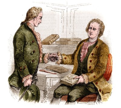 Joseph de Maistre (1753-1821), político, escritor e filósofo francês, e o Conde Xavier de Maistre (1763-1852), oficial e escritor francês com o primeiro exemplar do "Journey around my room". Desenho florestal. Gravura a partir de 1852. de French School