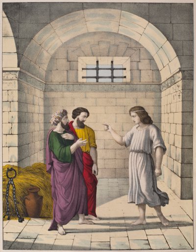 Joseph na prisão, explicando os sonhos do padeiro chefe e o mordomo chefe, ilustração de um catecismo LHistoire Sainte, publicado por Charles Delagrave, Paris, final do século XIX de French School