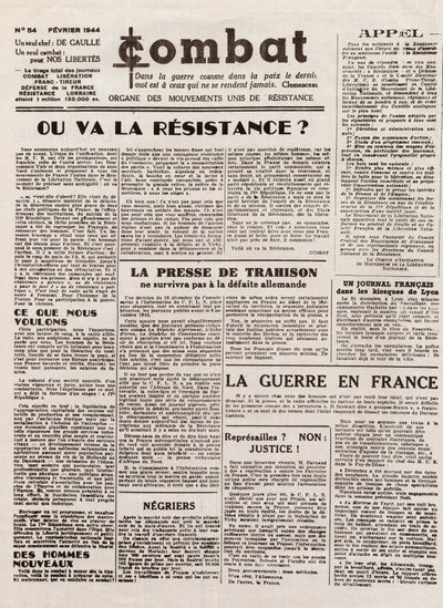Revista COMBAT - número 54 - fevereiro de 1944 - órgão dos movimentos de resistência unidos. (jornal clandestino) - Para onde irá a resistência de French School