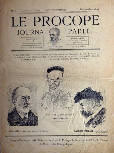 Journal du Proope, café parisiense, fevereiro de 1895: retratos dos poetas franceses Paul Verlaine, Paul Arene e Laurent Tailhade. de French School