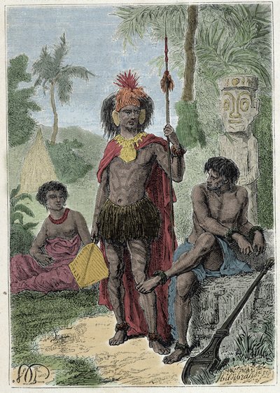 Viagem do Capitão James Cook (1728-1779): Indígenas das Ilhas Marquesas - ilustração retirada de "Os Grandes Marinheiros do século XVIII". de French School