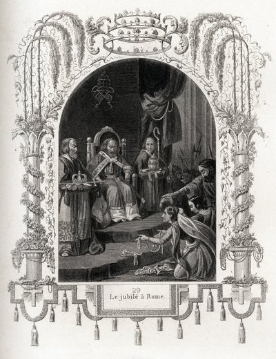 Jubileu em Roma, em 1450, durante o pontificado de Nicolau V (1447-1455). Gravura para ilustrar a Histoire des popes de Maurice Lachatre (1814-1900), librairie du progres, Paris. de French School