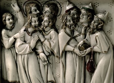 Judas recebendo trinta moedas de prata, detalhe de díptico de marfim, francês de French School