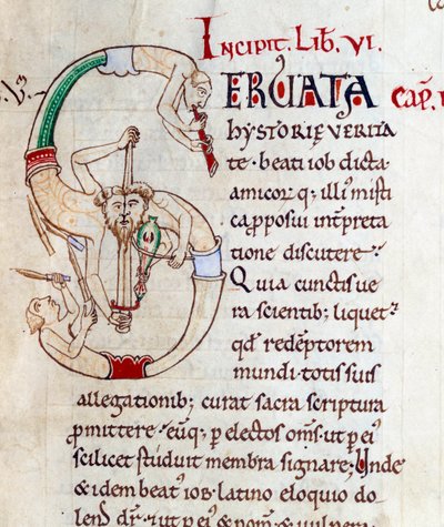 Malabaristas e músicos - lettrine S (inicial). Miniatura do manuscrito "Moralia in Job", Morales sur Job de Saint Gregoire, da abadia de citeaux de French School