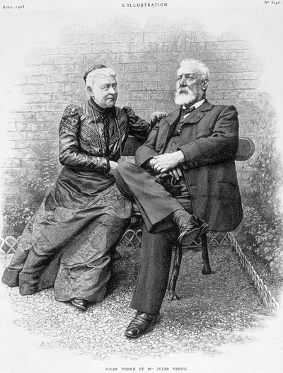 Jules Verne e sua esposa - gravura de French School