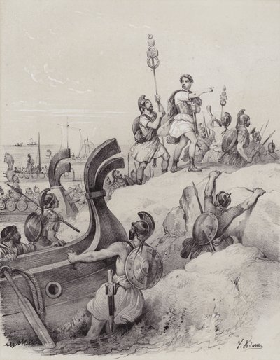 Júlio César e os romanos desembarcam em Kent na sua primeira invasão da Grã-Bretanha, 55 AC (litho) de French School
