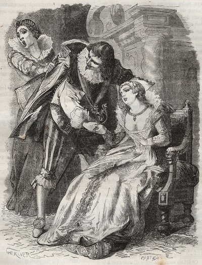 Saltando como um furioso, agarrando o duque pelo seu casaco... Rainha da França Ana da Áustria (1601-1666) e o Duque de Buckingham (George Villiers de French School