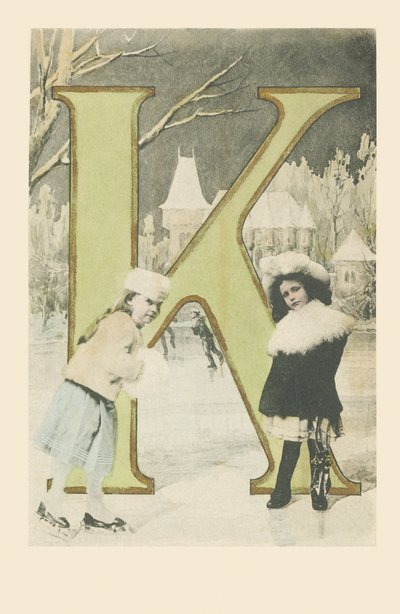 K: Duas meninas, deslizando e patinando no gelo no inverno de French School