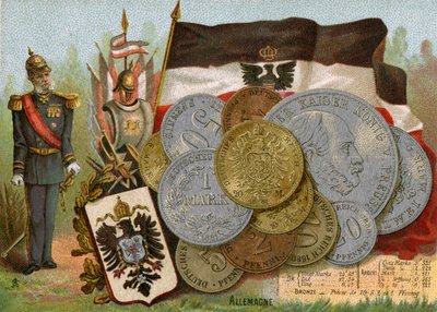 Kaiser Wilhelm I ao lado da bandeira do Reino da Prússia e uma exposição de marcos alemães, c.1890 de French School