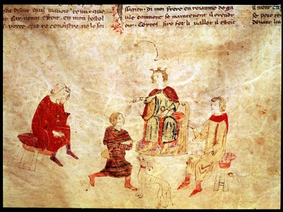 Rei Arthur em seu trono cercado por seus conselheiros, do Romano de Meliádus de French School