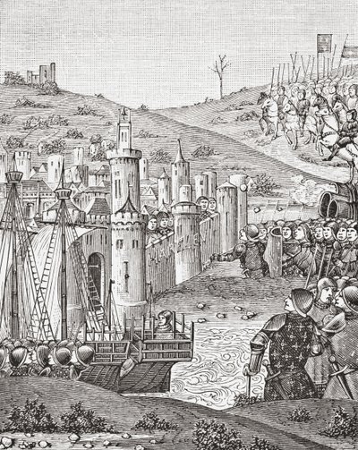 O rei Carlos VII, ao deixar Rouen, parte para sitiar a cidade de Harfleur, após uma miniatura do manuscrito do século XV Chroniques de Monstrelet, de Science and Literature in The Middle Ages, de Paul Lacroix pub. Londres, 1878 de French School