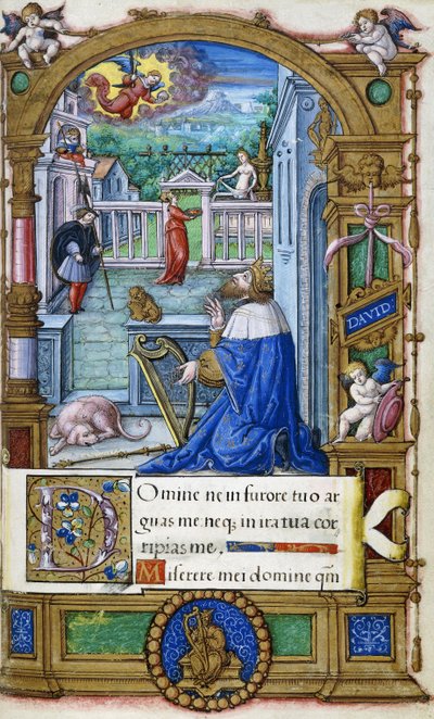 Rei Davi com uma Harpa, de um Livro de Horas feito para Francisco I, c.1532-1540 de French School