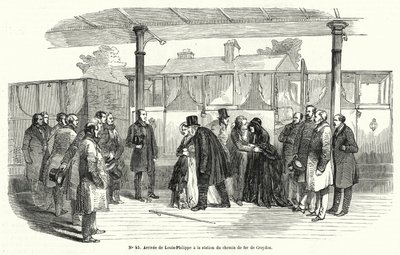 Rei Louis-Philippe da França chegando à estação ferroviária de Croydon depois de ser forçado ao exílio, fevereiro de 1848 (gravura) de French School