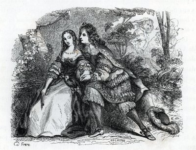Rei Luís XIV (1638-1715) e sua amante Louise de La Valliere (1644-1710) - (gravura) 1846 de French School