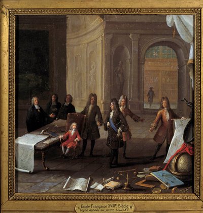 Rei Luís XV (1710-1774) criança recebendo um leão na presença do Cardeal Fleury e do Regente Filipe II Duque de Orleães (1674-1723) Pintura anónima do século XVIII, óleo sobre cobre Dim. 0,23 x 0,23 m Paris, Musee Carnavalet - Cena do ensino do chi de French School