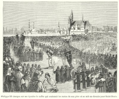 O Rei Filipe III de França levando os ossos de seu pai, Luís IX, ao seu enterro na Basílica de St. Denis, Paris de French School