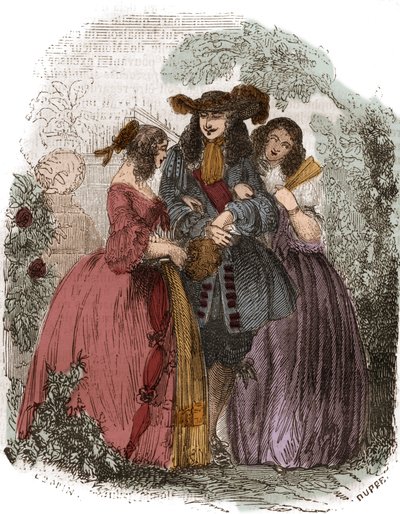 Rei da França Luís XIV (1638-1715) com Hortense Mancini (1646-1699) e sua irmã Marie Mancini (1639-1715). Peças de Mazarin. Gravura do século XIX. de French School