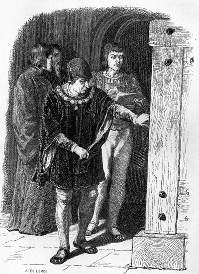 Rei de França Luís XI visitando as jaulas da bastilha. Gravura em "Notre Dame de Paris" de Victor Hugo de French School