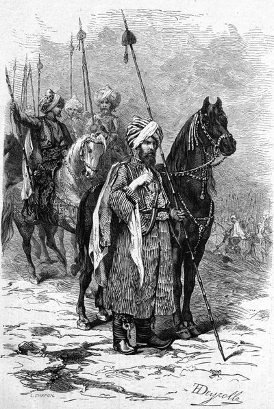 Soldados curdos em 1877 durante a Guerra do Leste (1875-1878) também chamados de Guerra Russo-Turca turca. Gravura no "Le Monde Illustré" n°1055 de 30 de junho de French School