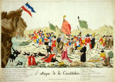 O Ataque à Constituição, pub. 1792 (gravura colorida à mão) de French School