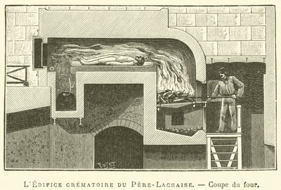 O edifício do crematório Pere-Lachaise, secção do forno (gravura) de French School