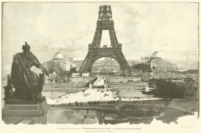 A Exposição Universal de 1889, Estado das Obras no Champ de Mars, Vista tirada do Palais du Trocadero, Da fotografia de M H-C Godefroy (gravura) de French School