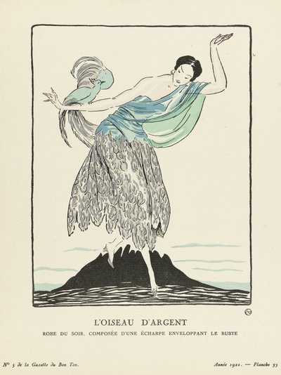 O Pássaro Prateado. Vestido de noite, composto por um lenço que envolve o busto da La Gazette du Bon Ton, pub. 1914 (impressão em estêncil) de French School