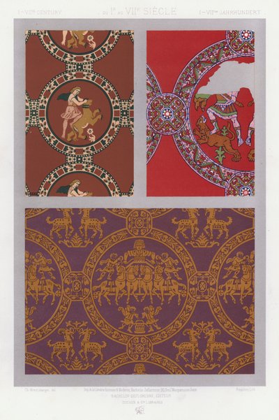 Ornamento dos Tecidos: Século I-VII, do Ir ao VII, I-VIIth Jahrhundert (cor litho) de French School