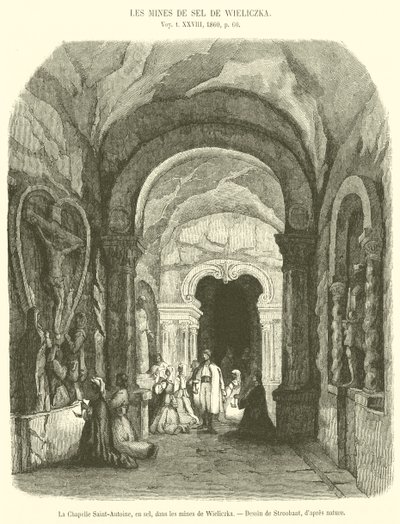 A Capela de Santo António em sal nas minas de Wieliczka (gravura) de French School