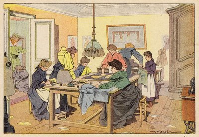La Couturiere, O Couturier (cor litho) de French School