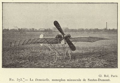 La Demoiselle, pequeno monoplano de Santos-Dumont (gravura) de French School