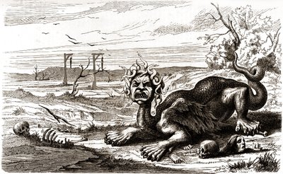 La Frond (1648-1653): animal monstruoso com pelo de serpente, que se encontra por cima de cadáveres e esqueletos humanos de French School