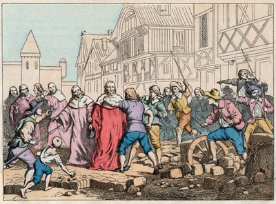 La Fronde (27 de Agosto de 1648) - Barricadas em Paris: um menino rotor ameaçando o Presidente do Parlamento, Mathieu Mole (1584-1656) - Presidente Mole manipulado por insurgentes - Gravura do final do século XIX em "Nos Gires Nationales - Images et reci de French School