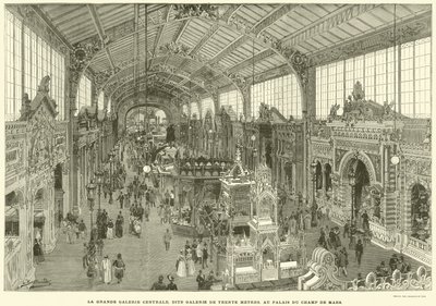 A Grande Galeria Central, conhecida como Galeria dos Trinta Metros, no Palais du Champ de Mars (gravura) de French School