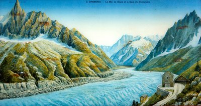 La Mer du Glace, Aiguille du Dru e Estação Montanvers, c.1900 (foto colorida) de French School