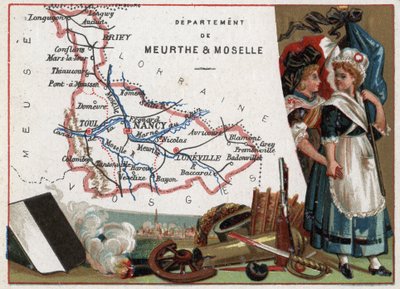 La Meurthe et Moselle (Meurthe-Et-Moselle, 54), Lorraine, França. Retrato de duas mulheres revolucionárias. Série sobre os Departamentos franceses. Chromolitografia (Chromo) "o fio geográfico", cerca de 1920. Colecção privada. de French School