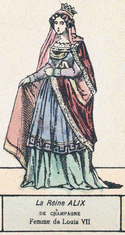 Rainha Alix de Champagne, Esposa de Luís VII (gravura a cores) de French School