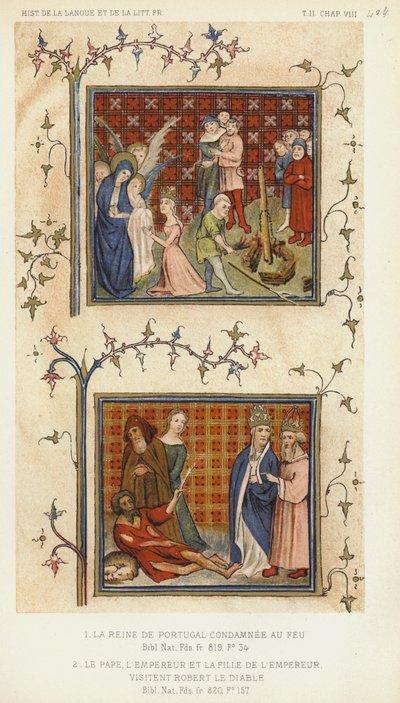 A Rainha de Portugal condenada à fogueira, o Papa, o Imperador e a filha do Imperador (litografia a cores) de French School