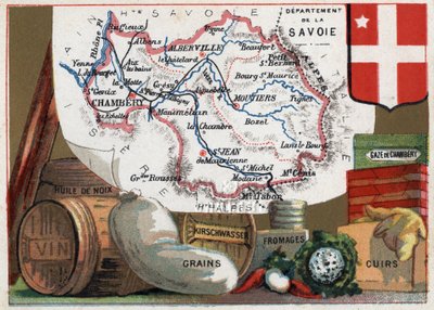 La Savoie (73), Rhone Alpes (Rhone-Alpes), França. Série sobre os Departamentos franceses. Especialidade local: óleo de nozes, vinho, grãos, kirschwasser (kirsch), queijo, gaze chambery e couro. Chromolitografia (Chromo) "o fio geográfico", cerca de 1920.  de French School
