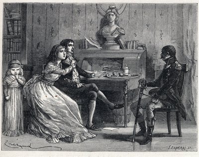 La Terreur durante a Revolução Francesa: Camille Desmoulins (1760-1794), preso, recebeu a visita de sua esposa Lucile (1770-1794) e do marechal Guillaume Brune (1763-1815). de French School