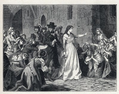 La Terreur durante a Revolução Francesa: Madame Jeanne Marie Roland de la Platiere (1754-1793) deixando a prisão do Concierge para ir perante o Tribunal Revolucionário em 1793. Os seus codetenues ajoelham-se no seu caminho. de French School