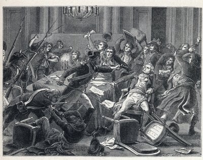 La Terreur durante a Revolução Francesa: prisão de Maximilian de Robespierre (1758-1794) e dos seus apoiantes reunidos no Hotel de Ville de Paris em 9 Thermidor ano II (27 de Julho de 1794). No centro, um gendarme disparou uma pistola contra Robespierre (1 de French School