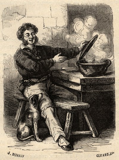 La bouillabaisse du sailor Marseillais au 19 eme century - - gravura em "PATRIE" - DESCRIÇÃO PACUREQUIRESSE DE LA FRANCE EN 6 VOLUES BY LUCIEN HUARD - final do século XIX de French School