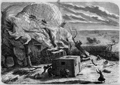 A queda do balão "Le Geant" nas planícies de Hanover em 1863 com a bordo: Jules e Louis Godard, Felix Nadar, sua esposa, Fernand Montgolfier e Thirion. Os aeronautas tentam resgatar a Sra. Nadar, apanhada debaixo do cesto. Gravação em "Le Monde Illus de French School