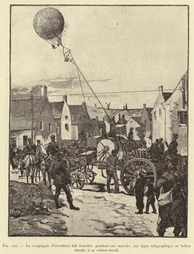 A companhia de aerostiers faz com que o balão preso ao seu carro atravesse uma linha telegráfica durante uma marcha (gravura) de French School