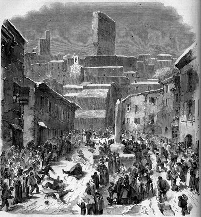 La glissade en barriots (trenó) à Bourdeaux, Drome (26), inverno 1860. Gravura em "Le Monde Illustré" n°149 de 18 de Fevereiro de 1860. de French School